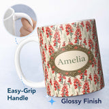 Personalized Custom Name Soft Coral Floral Vertical on Neutral Background Elegant Botanical 11oz Ceramic Coffee Tea Mug White Large Handle