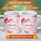 Personalized Custom Name Watercolor Red and Pink Ribbon Bow Pink Gingham Check Background 11oz Ceramic Coffee Tea Mug White Large Handle