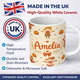 Personalized Custom Name Cute Autumn Scarecrow Pumpkin Birds Seamless Pattern Cream Lovely 11oz Ceramic Coffee Tea Mug White Large Handle
