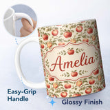 Personalized Custom Name Vintage Red Apples with Detailed Leaves Botanical Seamless Pattern 11oz Ceramic Coffee Tea Mug White Large Handle