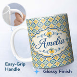 Personalized Custom Name Blue and Yellow Mediterranean Style Tile Pattern with Floral Motifs 11oz Ceramic Coffee Tea Mug White Large Handle