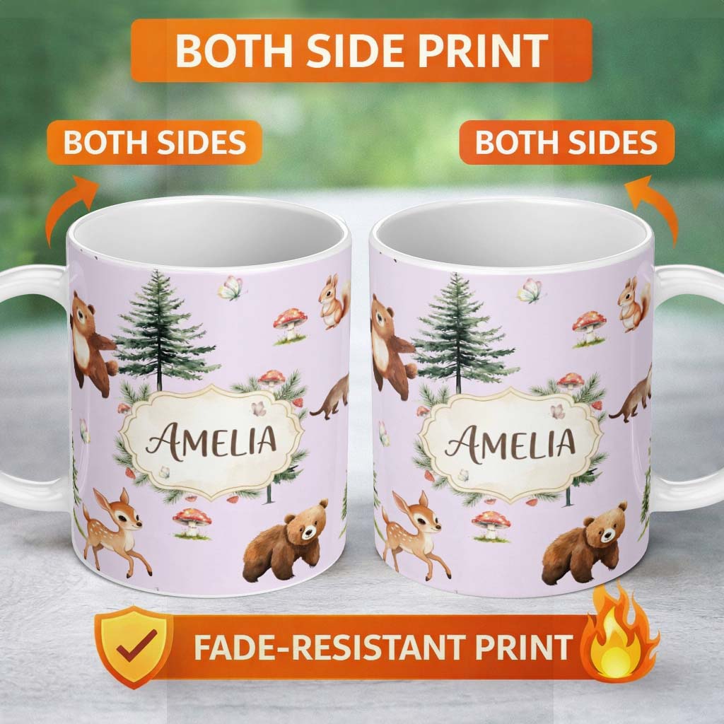 Personalized Custom Name Bear Bunny Deer Squirrel Trees Mushrooms Butterfly Soft Lilac 11oz Ceramic Coffee Tea Mug White Large Handle