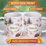 Personalized Custom Name Bear Bunny Deer Squirrel Trees Mushrooms Butterfly Soft Lilac 11oz Ceramic Coffee Tea Mug White Large Handle