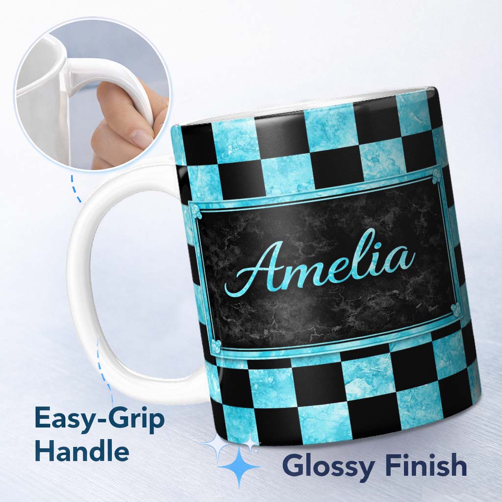 Personalized Custom Name Wavy Checkered Black Teal Abstract Pattern Thoughtful Gift Idea 11oz Ceramic Coffee Tea Mug White Large Handle