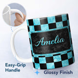 Personalized Custom Name Wavy Checkered Black Teal Abstract Pattern Thoughtful Gift Idea 11oz Ceramic Coffee Tea Mug White Large Handle