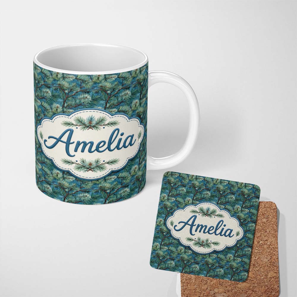 Personalized Custom Name Pine Branch Pattern with Dense Needles on Teal Background Lovely 11oz Ceramic Coffee Tea Mug White Large Handle