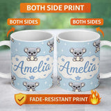 Personalized Custom Name Cute Koala Bears with Stars Blue Background Seamless Pattern Lovely 11oz Ceramic Coffee Tea Mug White Large Handle