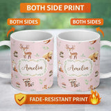 Personalized Custom Name Forest Animals Bear Deer Fox Owl Raccoon on Blush Pink Seamless 11oz Ceramic Coffee Tea Mug White Large Handle