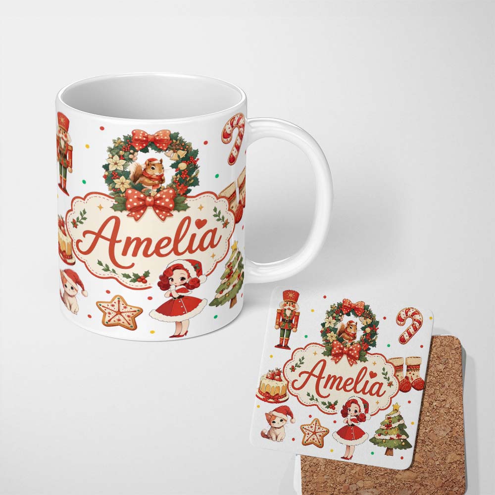 Personalized Custom Name Cute Christmas Nutcracker Squirrel Cake Candy Cane Girl Tree White 11oz Ceramic Coffee Tea Mug White Large Handle