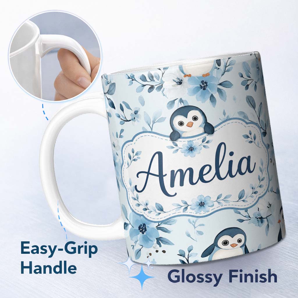Personalized Custom Name Cute Penguin with Blue Floral Background Seamless Pattern Lovely 11oz Ceramic Coffee Tea Mug White Large Handle