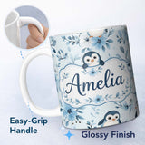 Personalized Custom Name Cute Penguin with Blue Floral Background Seamless Pattern Lovely 11oz Ceramic Coffee Tea Mug White Large Handle