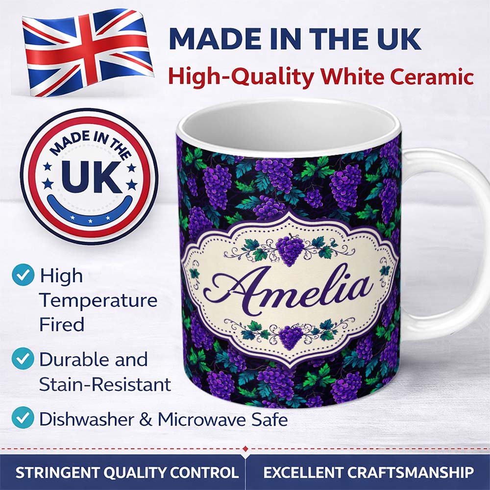 Personalized Custom Name Soft Pink Watercolour Grapes Botanical Seamless Pattern Lovely 11oz Ceramic Coffee Tea Mug White Large Handle