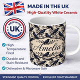 Personalized Custom Name Deep Blue Raven Birds with Branches Seamless Pattern Lovely 11oz Ceramic Coffee Tea Mug White Large Handle