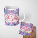 Personalized Custom Name Cute Kawaii Mermaid Seahorse Jellyfish and Starfish Purple Lovely 11oz Ceramic Coffee Tea Mug White Large Handle