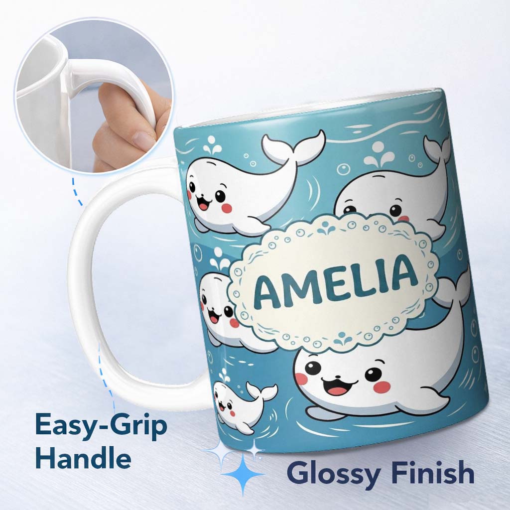 Personalized Custom Name Cute Baby Whales Ocean Waves Bubbles Marine Seamless Pattern Lovely 11oz Ceramic Coffee Tea Mug White Large Handle