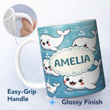 Personalized Custom Name Cute Baby Whales Ocean Waves Bubbles Marine Seamless Pattern Lovely 11oz Ceramic Coffee Tea Mug White Large Handle