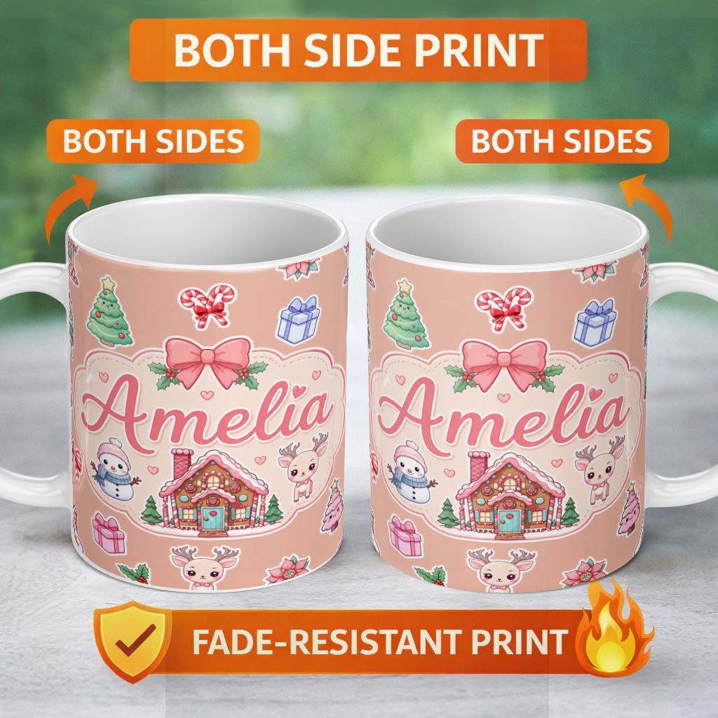 Personalized Custom Name Cute Christmas Festive Stickers Gingerbread House Tree Beige Lovely 11oz Ceramic Coffee Tea Mug White Large Handle