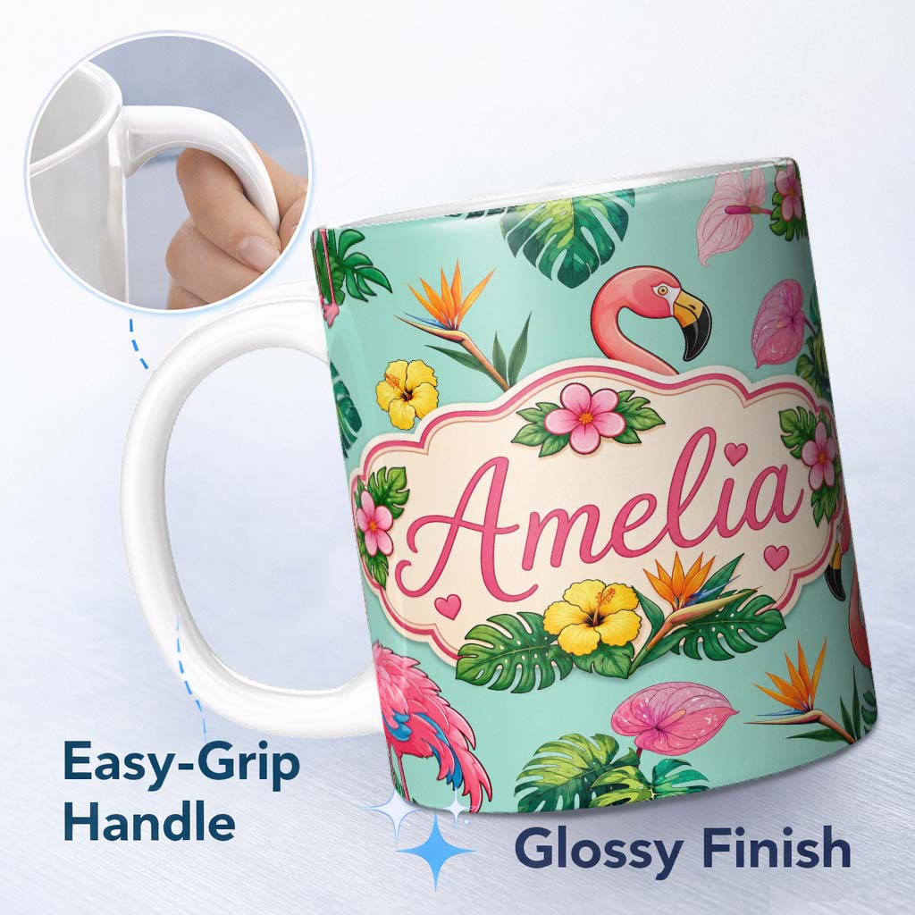 Personalized Custom Name Tropical Flamingo with Hibiscus Flowers and Leaves Mint Background 11oz Ceramic Coffee Tea Mug White Large Handle