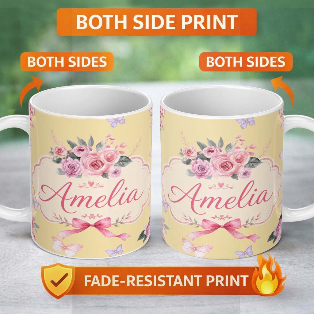Personalized Custom Name Elegant Watercolor Rose Bouquet Ribbon Butterfly Soft Yellow Lovely 11oz Ceramic Coffee Tea Mug White Large Handle