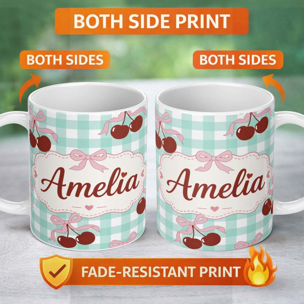 Personalized Custom Name Cherry Bow Ribbon Cute Mint Gingham Picnic Check Seamless Pattern 11oz Ceramic Coffee Tea Mug White Large Handle