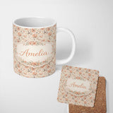 Personalized Custom Name Elegant Peach Floral Blossoms on Soft Cream Background Seamless 11oz Ceramic Coffee Tea Mug White Large Handle