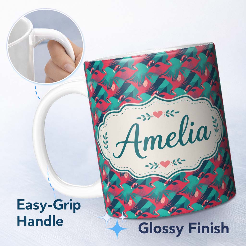 Personalized Custom Name Stylish Flamingo Birds with Geometric Tropical Background Seamless 11oz Ceramic Coffee Tea Mug White Large Handle