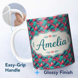 Personalized Custom Name Stylish Flamingo Birds with Geometric Tropical Background Seamless 11oz Ceramic Coffee Tea Mug White Large Handle