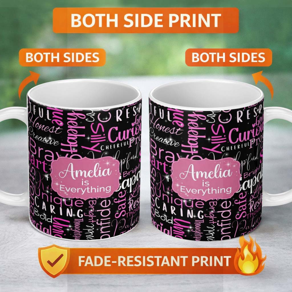 Personalized Custom Name Neon Pink Sparkle Typography Black Motivational Word Pattern Lovely 11oz Ceramic Coffee Tea Mug White Large Handle