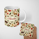 Personalized Custom Name Elegant Christmas Reindeer Ornaments Stars Holly Leaves and Festive 11oz Ceramic Coffee Tea Mug White Large Handle