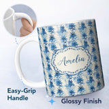 Personalized Custom Name Blue Tropical Leaf Watercolor Botanical Seamless Pattern Lovely 11oz Ceramic Coffee Tea Mug White Large Handle