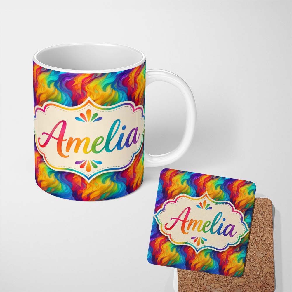Personalized Custom Name Pastel Rainbow Diagonal Brush Texture Seamless Pattern Lovely 11oz Ceramic Coffee Tea Mug White Large Handle