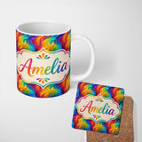 Personalized Custom Name Pastel Rainbow Diagonal Brush Texture Seamless Pattern Lovely 11oz Ceramic Coffee Tea Mug White Large Handle