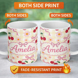 Personalized Custom Name Cute Cherry Bow and Daisy Yellow Gingham Seamless Pattern Lovely 11oz Ceramic Coffee Tea Mug White Large Handle