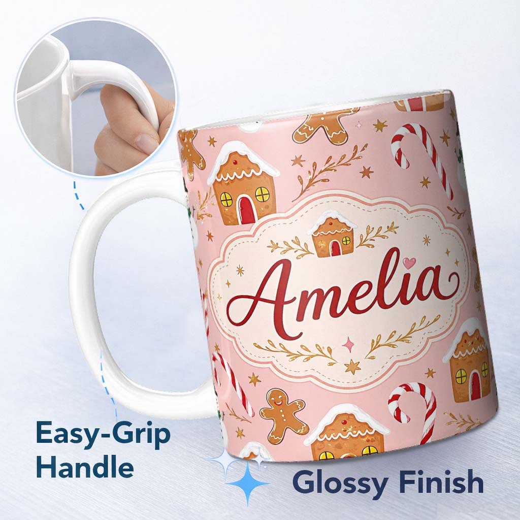Personalized Custom Name Cute Gingerbread House Candy Cane Snowman Pink Seamless Pattern 11oz Ceramic Coffee Tea Mug White Large Handle