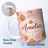 Personalized Custom Name Cute Gingerbread House Candy Cane Snowman Pink Seamless Pattern 11oz Ceramic Coffee Tea Mug White Large Handle