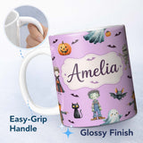 Personalized Custom Name Halloween Zombie Mummy Vampire Characters Purple Background Lovely 11oz Ceramic Coffee Tea Mug White Large Handle