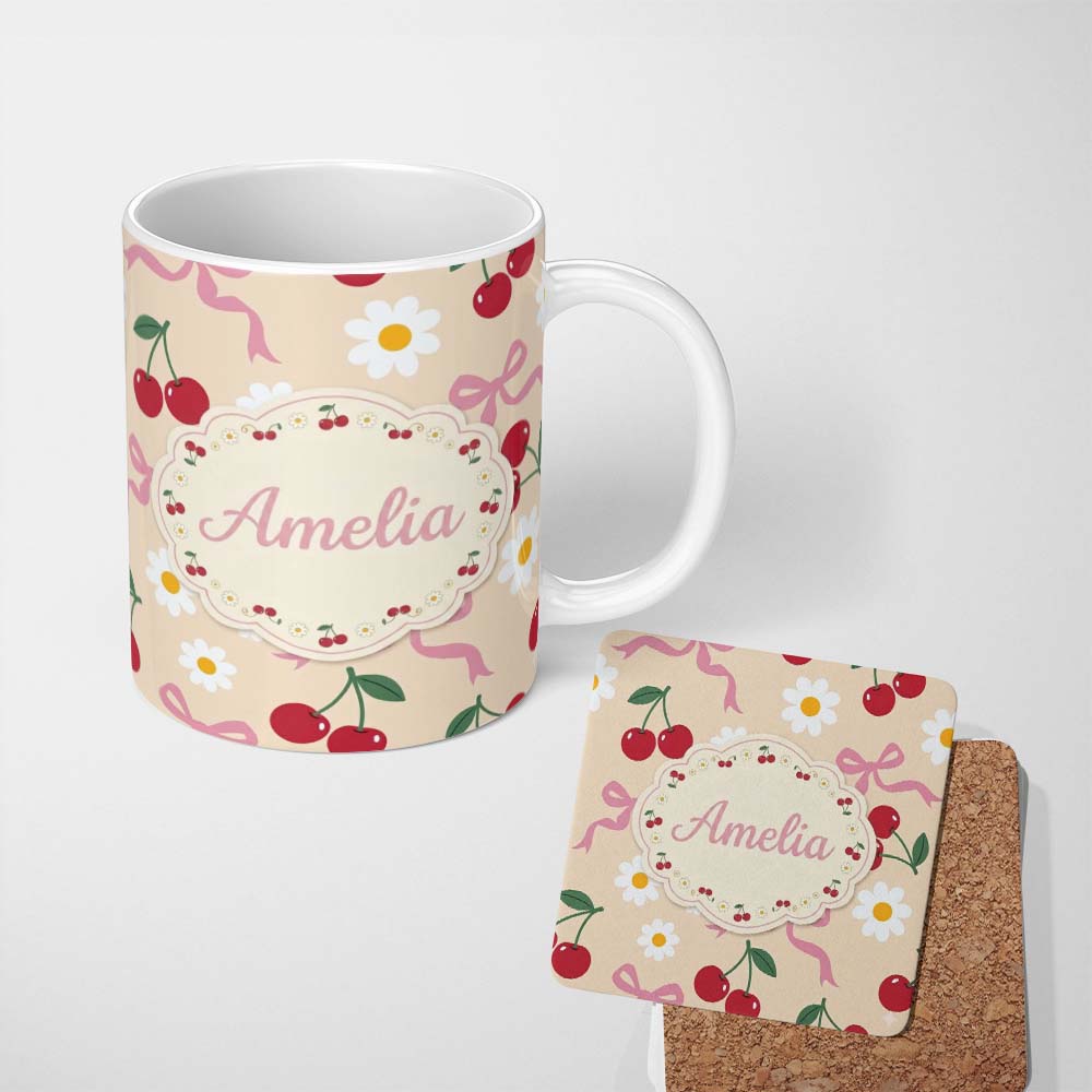 Personalized Custom Name Cute Cherry Bow and Daisy Seamless Pattern on Beige Cute Unique Gift 11oz Ceramic Coffee Tea Mug White Large Handle