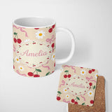 Personalized Custom Name Cute Cherry Bow and Daisy Seamless Pattern on Beige Cute Unique Gift 11oz Ceramic Coffee Tea Mug White Large Handle