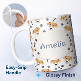 Personalized Custom Name Cute Dog Faces Paw Prints Bones White Background Seamless Pattern 11oz Ceramic Coffee Tea Mug White Large Handle