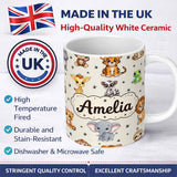 Personalized Custom Name Cute Cartoon Safari Animals with Stars on Beige Background Nursery 11oz Ceramic Coffee Tea Mug White Large Handle