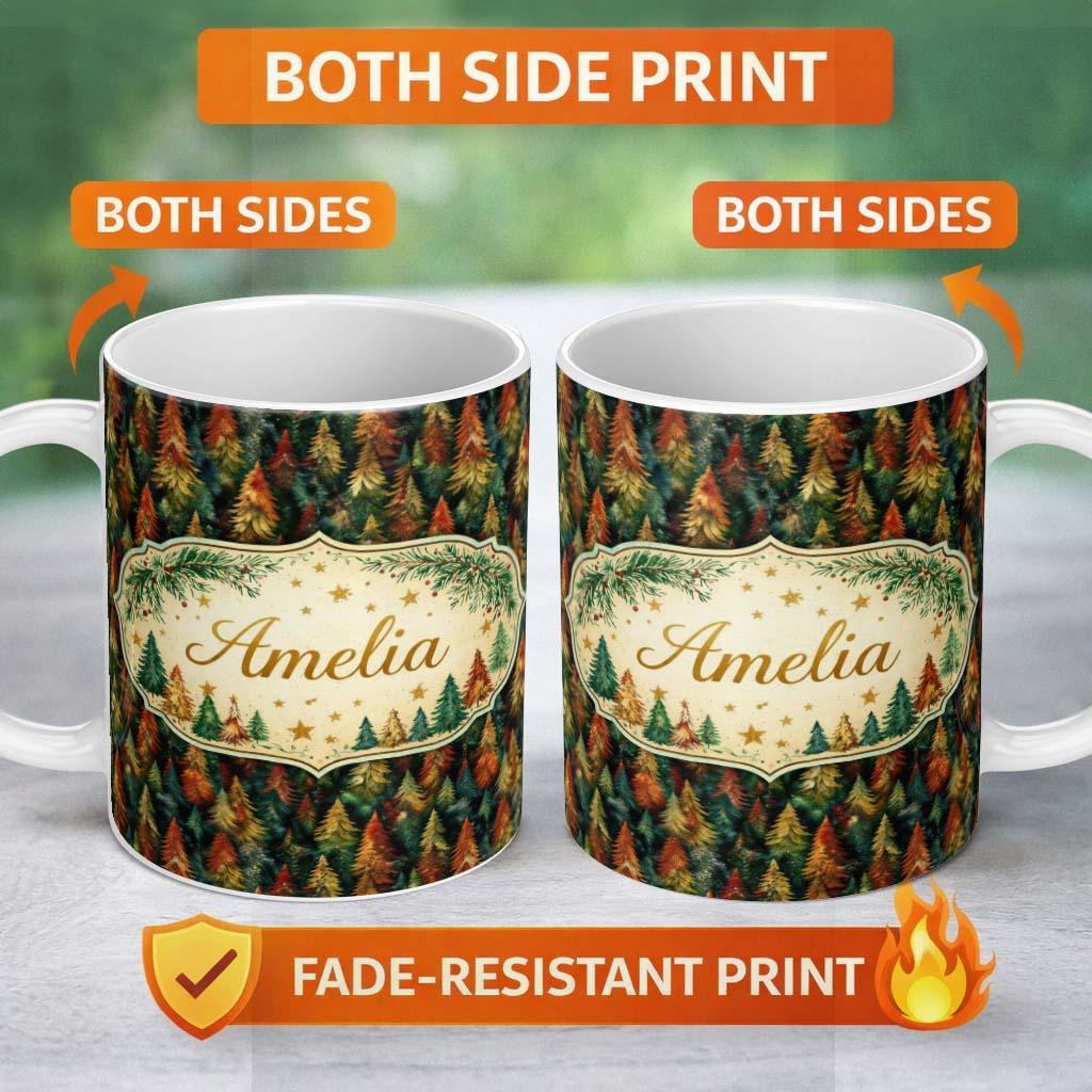 Personalized Custom Name Decorative Nordic Christmas Trees Minimal Seamless Pattern Lovely 11oz Ceramic Coffee Tea Mug White Large Handle