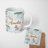 Personalized Custom Name Cute Safari Animals Zebra Rhino Turtle Teal Seamless Pattern Lovely 11oz Ceramic Coffee Tea Mug White Large Handle