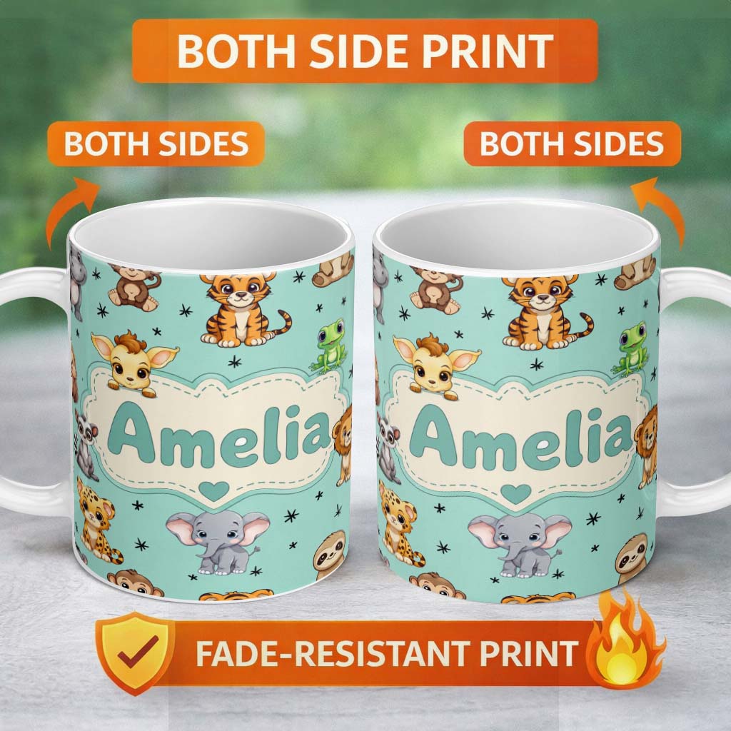 Personalized Custom Name Cute Cartoon Safari Animals with Stars on Mint Background Nursery 11oz Ceramic Coffee Tea Mug White Large Handle