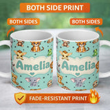 Personalized Custom Name Cute Cartoon Safari Animals with Stars on Mint Background Nursery 11oz Ceramic Coffee Tea Mug White Large Handle