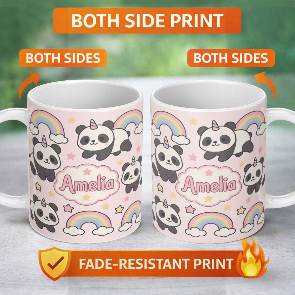 Personalized Custom Name Cute Panda Unicorn Cartoon Animal Pattern Beautiful Coffee Cup 11oz Ceramic Coffee Tea Mug White Large Handle