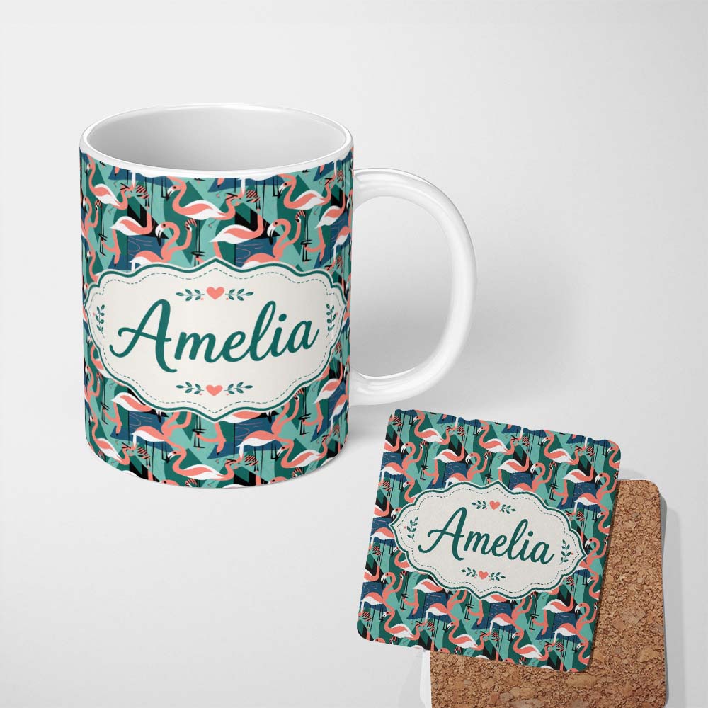 Personalized Custom Name Modern Flamingo Birds with Geometric Jungle Background Seamless 11oz Ceramic Coffee Tea Mug White Large Handle