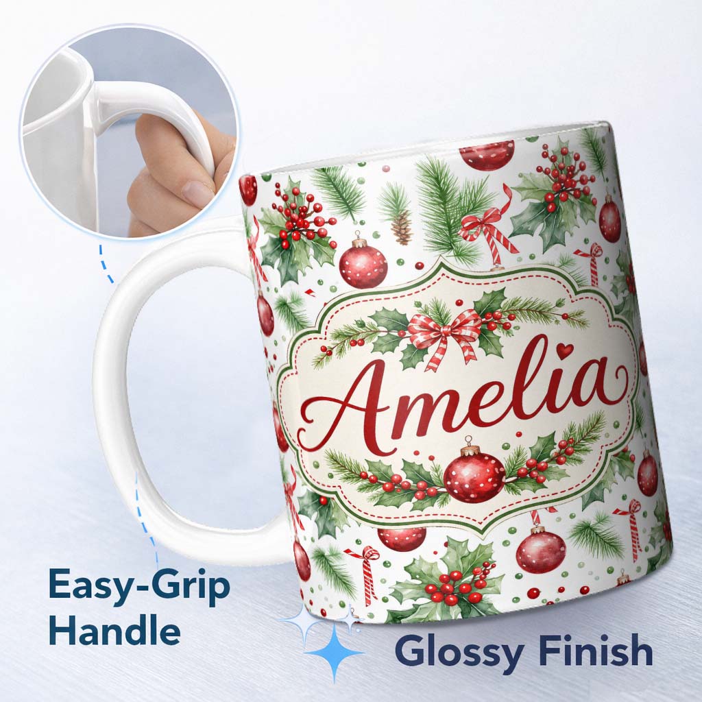Personalized Custom Name Watercolor Christmas Baubles Holly Pine Branches Seamless Pattern 11oz Ceramic Coffee Tea Mug White Large Handle