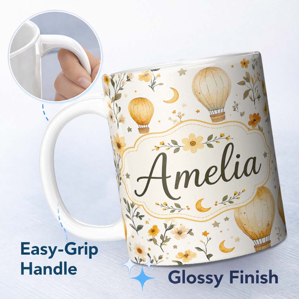 Personalized Custom Name Vintage Hot Air Balloons with Floral Elements Seamless Pattern 11oz Ceramic Coffee Tea Mug White Large Handle
