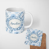 Personalized Custom Name Cute Blue Butterflies with Floral Background Seamless Pattern Lovely 11oz Ceramic Coffee Tea Mug White Large Handle