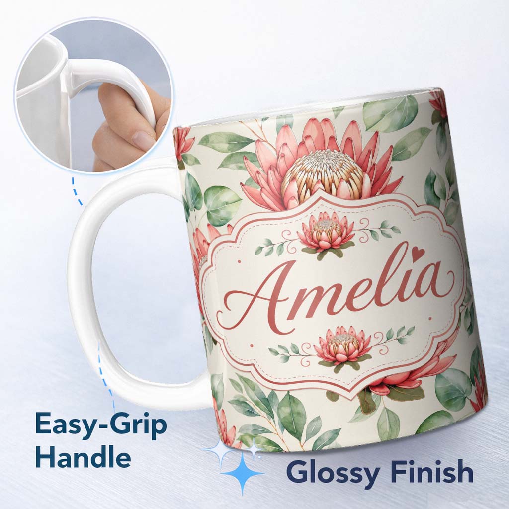 Personalized Custom Name Coral Protea Flowers with Green Leaves Seamless Botanical Pattern 11oz Ceramic Coffee Tea Mug White Large Handle